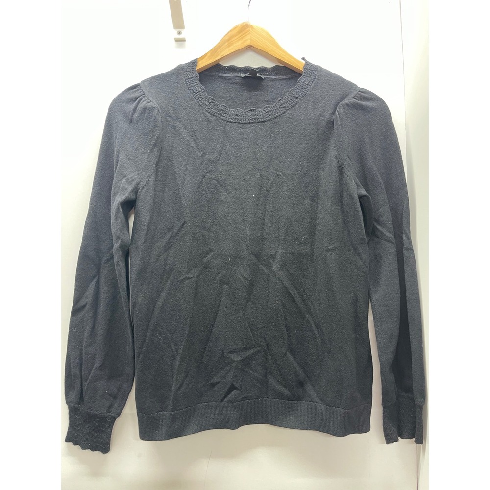 Talbots Petite Black Lace Trim Crewneck Sweater Cotton Wool Blend SP